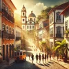 Grupo de turistas explora as coloridas ruas coloniais de Salvador, Brasil, em um walking tour, com edifícios históricos e uma igreja ao fundo.