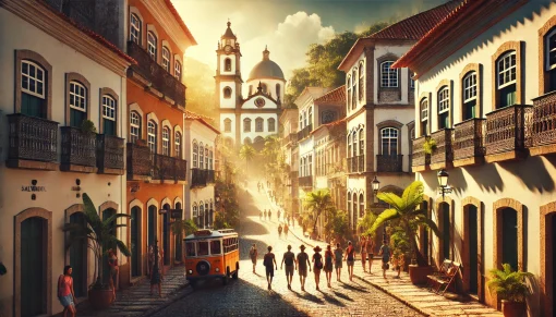 Grupo de turistas explora as coloridas ruas coloniais de Salvador, Brasil, em um walking tour, com edifícios históricos e uma igreja ao fundo.