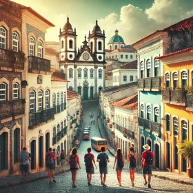 Grupo de turistas explorando o Pelourinho em Salvador, Brasil, com suas ruas de paralelepípedo e arquitetura colonial colorida, em um passeio guiado pelo centro histórico.