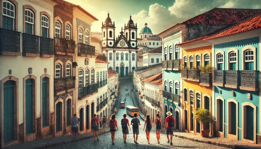 Grupo de turistas explorando o Pelourinho em Salvador, Brasil, com suas ruas de paralelepípedo e arquitetura colonial colorida, em um passeio guiado pelo centro histórico.