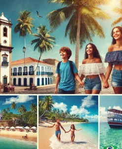 Família aproveitando suas férias na Bahia, explorando o Pelourinho em Salvador, relaxando nas praias de Morro de São Paulo e navegando pelas Ilhas de Itaparica e Frades.