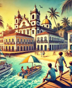 Família passeando pelo Centro Histórico de Salvador, relaxando nas praias de Praia do Forte e curtindo um passeio de barco até a Ilha dos Frades em uma viagem pela Bahia.