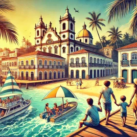 Família passeando pelo Centro Histórico de Salvador, relaxando nas praias de Praia do Forte e curtindo um passeio de barco até a Ilha dos Frades em uma viagem pela Bahia.