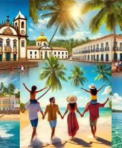 Família aproveitando suas férias na Bahia, caminhando pelas ruas coloniais de Salvador, relaxando nas praias de Praia do Forte e curtindo um passeio de barco pelas Ilhas de Frades e Itaparica.