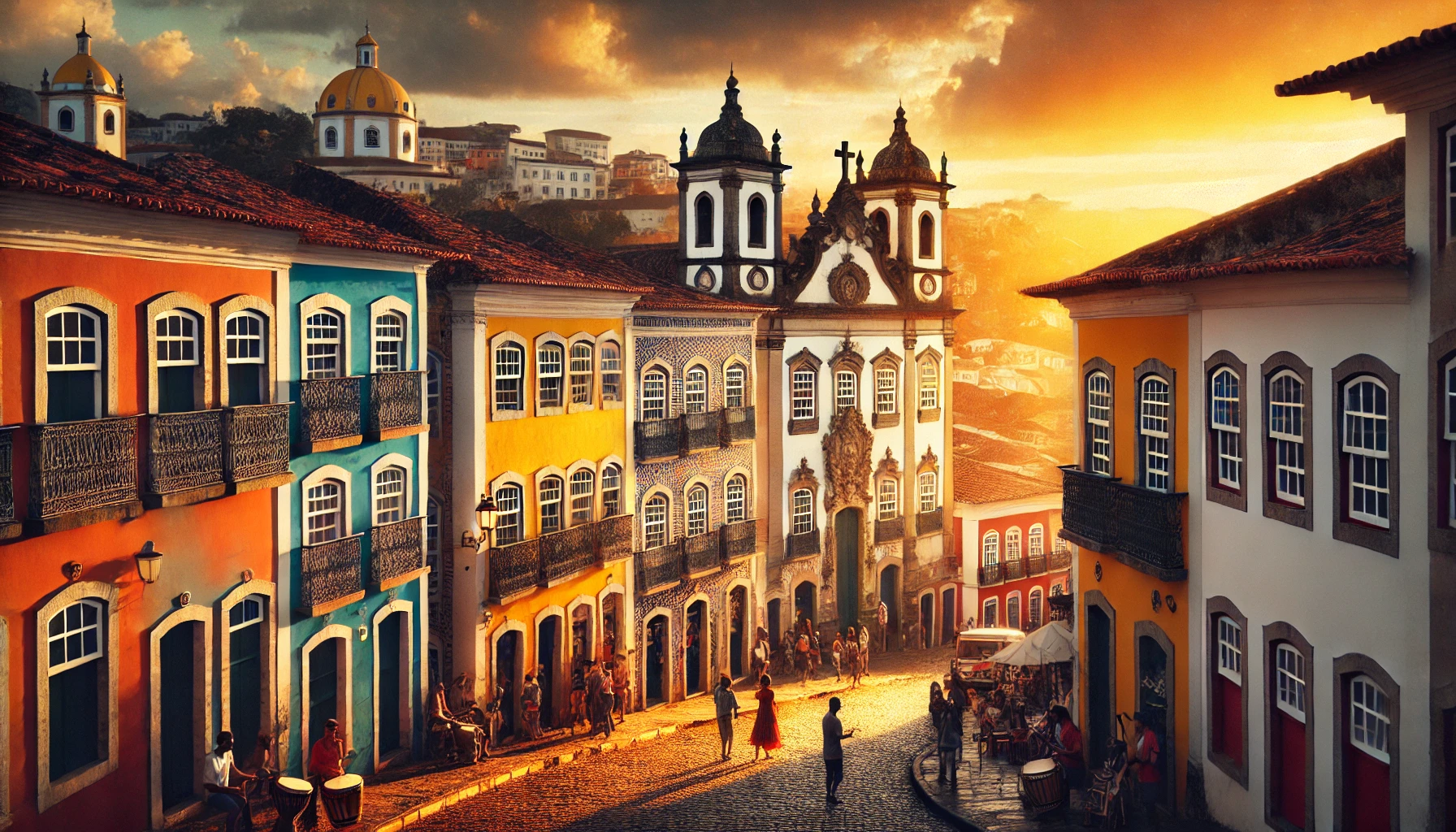 Imagem do Pelourinho em Salvador ao entardecer, mostrando os coloridos casarões coloniais, ruas de paralelepípedo e a Igreja de São Francisco ao fundo.