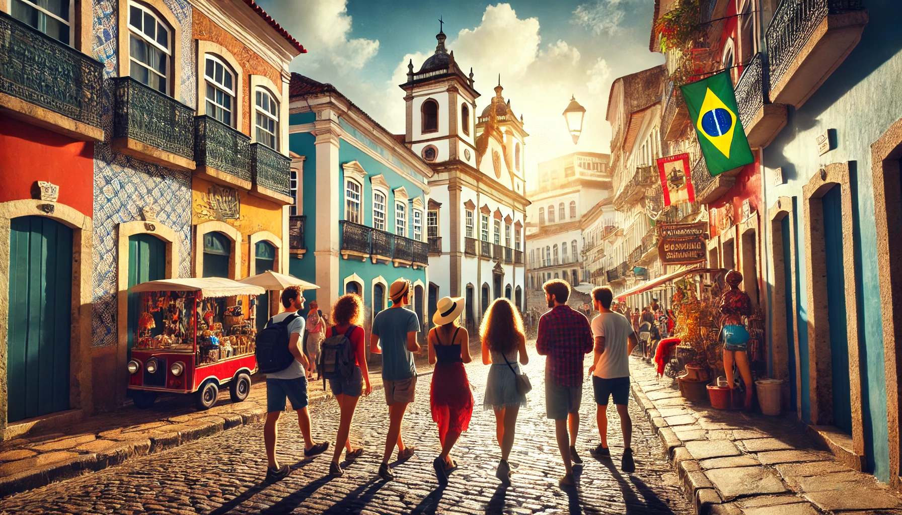 Grupo de turistas em um walking tour pelas ruas de Salvador, Brasil, guiado por um local, passando por coloridos edifícios coloniais e ruas de paralelepípedos.