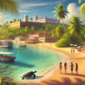 Uma vista realista da Praia do Forte, Bahia, com um guia turístico conduzindo visitantes ao longo da praia de areias douradas. O mar azul-turquesa reflete o céu ensolarado, enquanto uma tartaruga nada perto da costa. Ao fundo, um barco de pesca tradicional está ancorado, e o Castelo Garcia D’Ávila pode ser visto entre as palmeiras e as coloridas casas da vila.