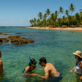 Turistas aproveitando as piscinas naturais da Praia do Forte com águas cristalinas e céu azul na Bahia