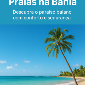 Praia paradisíaca na Bahia com coqueiros e mar cristalino, turistas aproveitando a paisagem.