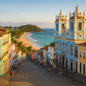 Vista aérea do Pelourinho em Salvador com turistas explorando e praias paradisíacas ao fundo