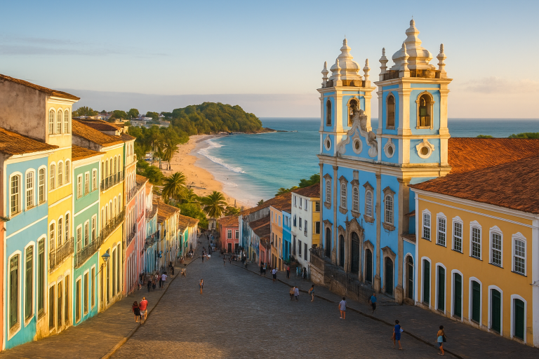 Vista aérea do Pelourinho em Salvador com turistas explorando e praias paradisíacas ao fundo