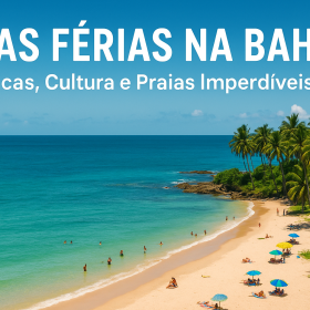 Vista aérea de uma praia paradisíaca da Bahia com coqueiros, mar azul e turistas aproveitando o sol