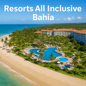 Vista aérea de resort all inclusive na Bahia com praia e piscinas
