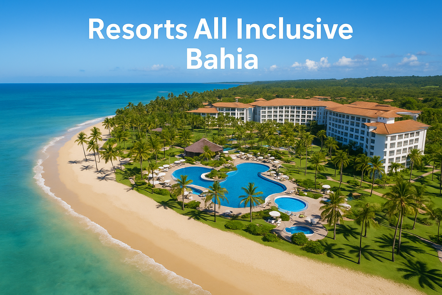 Vista aérea de resort all inclusive na Bahia com praia e piscinas