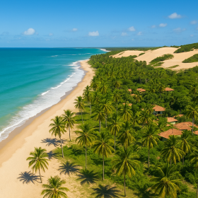Vista aérea de praia com coqueiros e dunas no litoral norte da Bahia, Brasil.