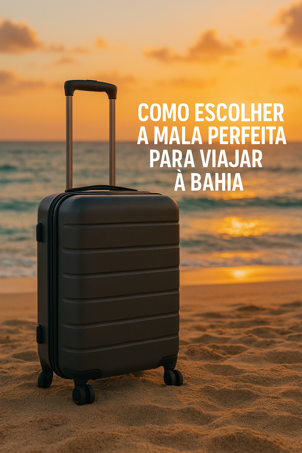 Mala de viagem posicionada em frente ao mar da Bahia ao pôr do sol