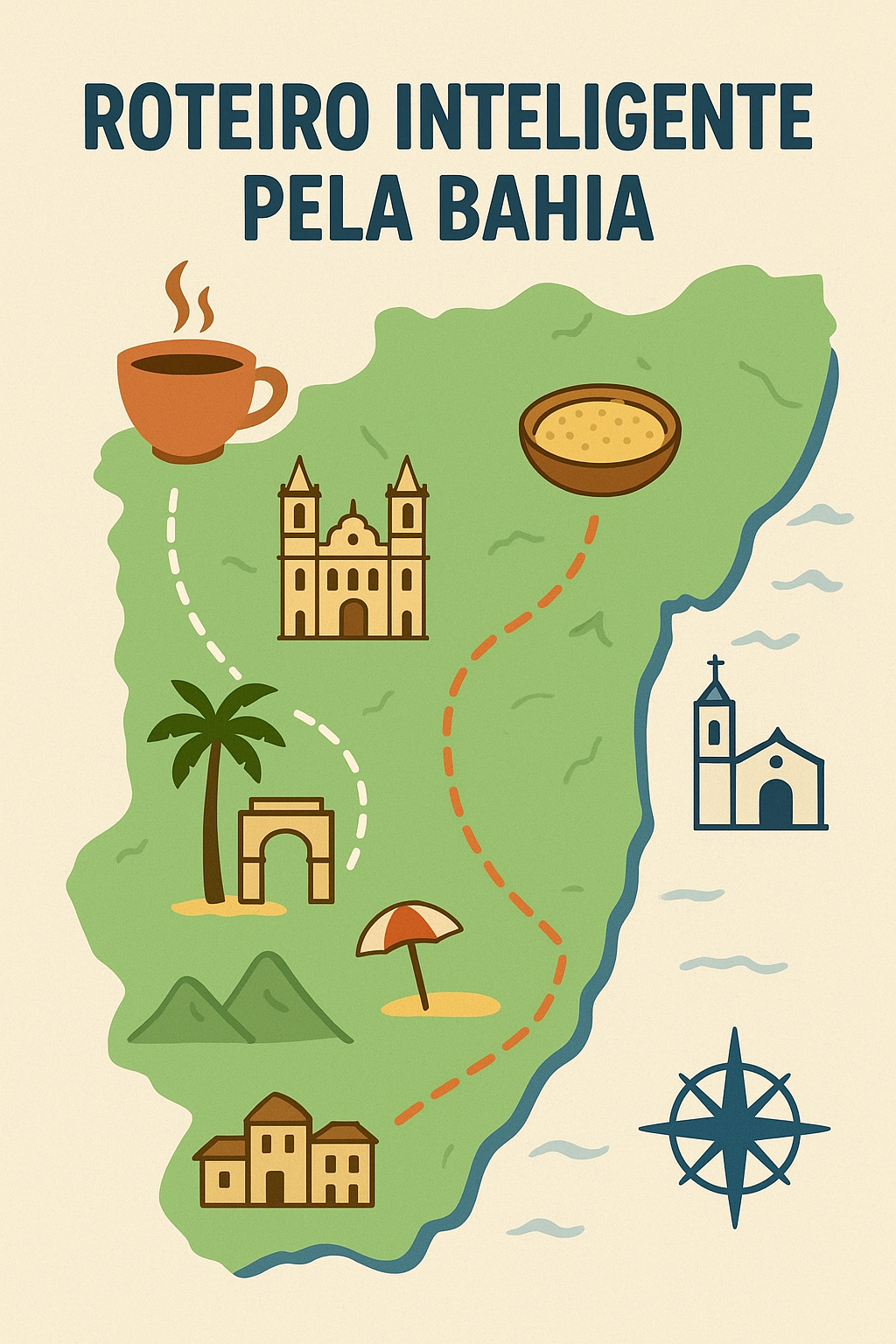 Mapa da Bahia com rotas de viagem e ícones de cultura, natureza e gastronomia.