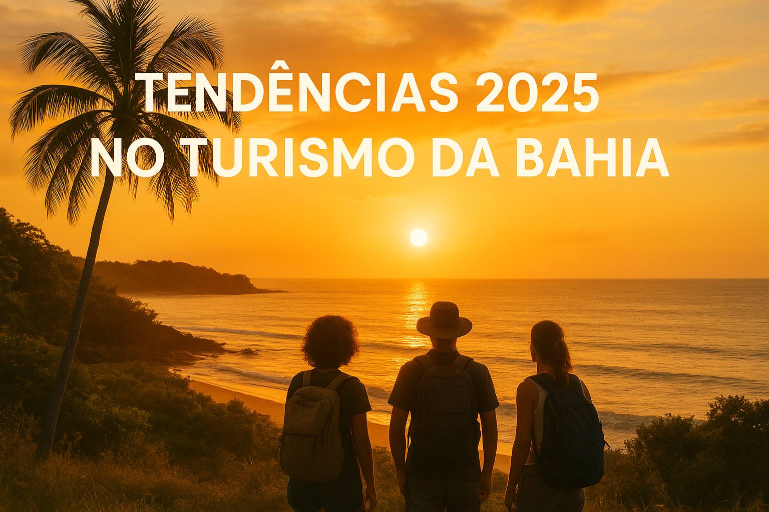 Vista de um amanhecer dourado na Bahia com viajantes explorando a natureza.