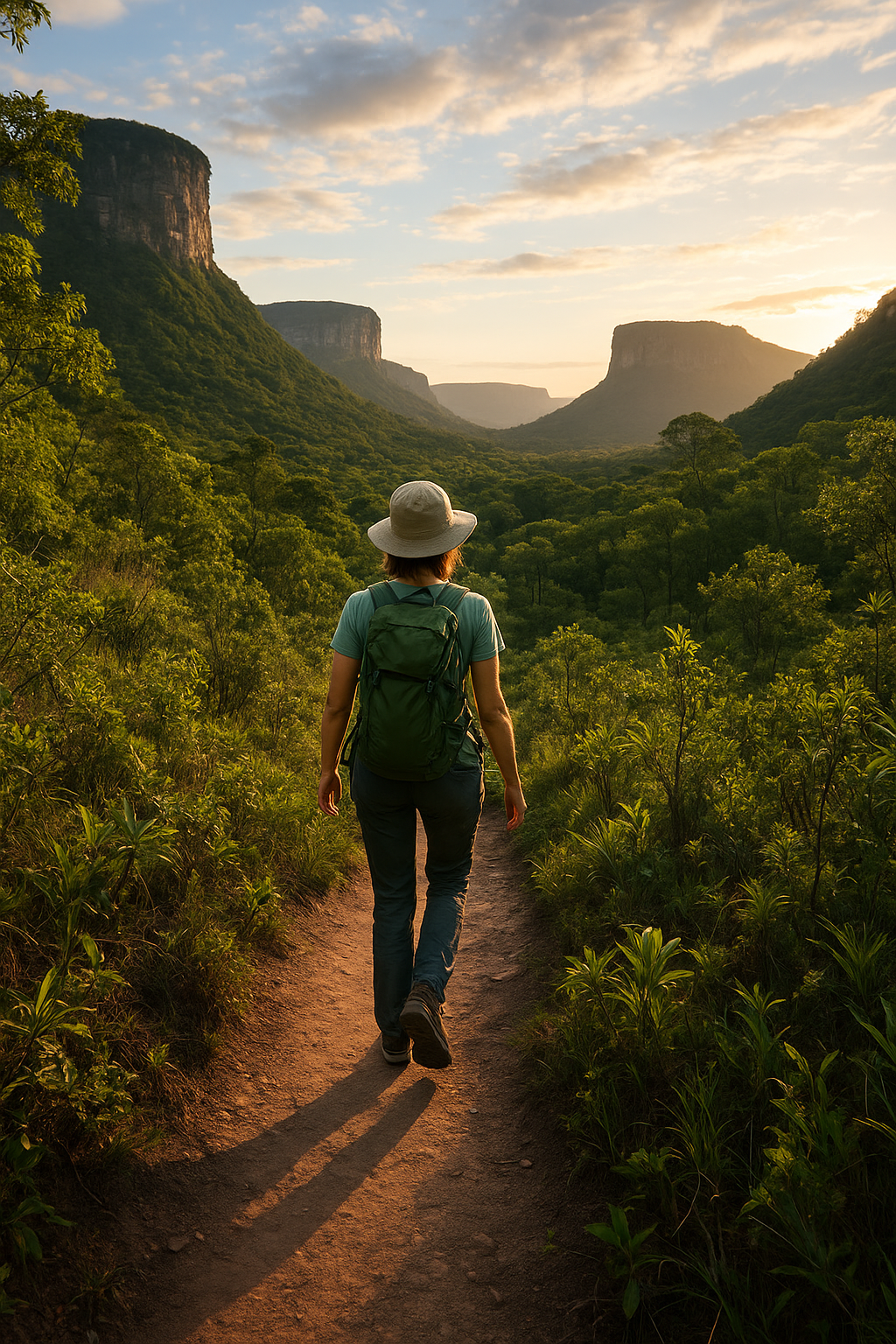 Viajante caminhando por trilha cercada por vegetação nativa na Chapada Diamantina ao pôr do sol.