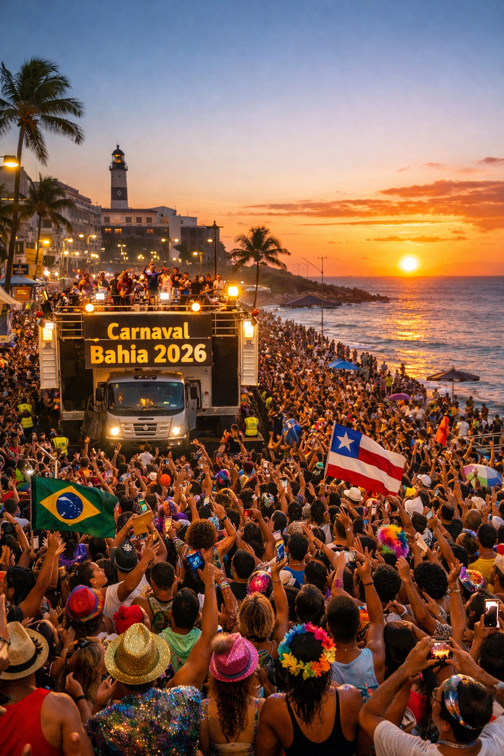 Multidão comemorando Carnaval na orla de Salvador com trio elétrico ao pôr do sol