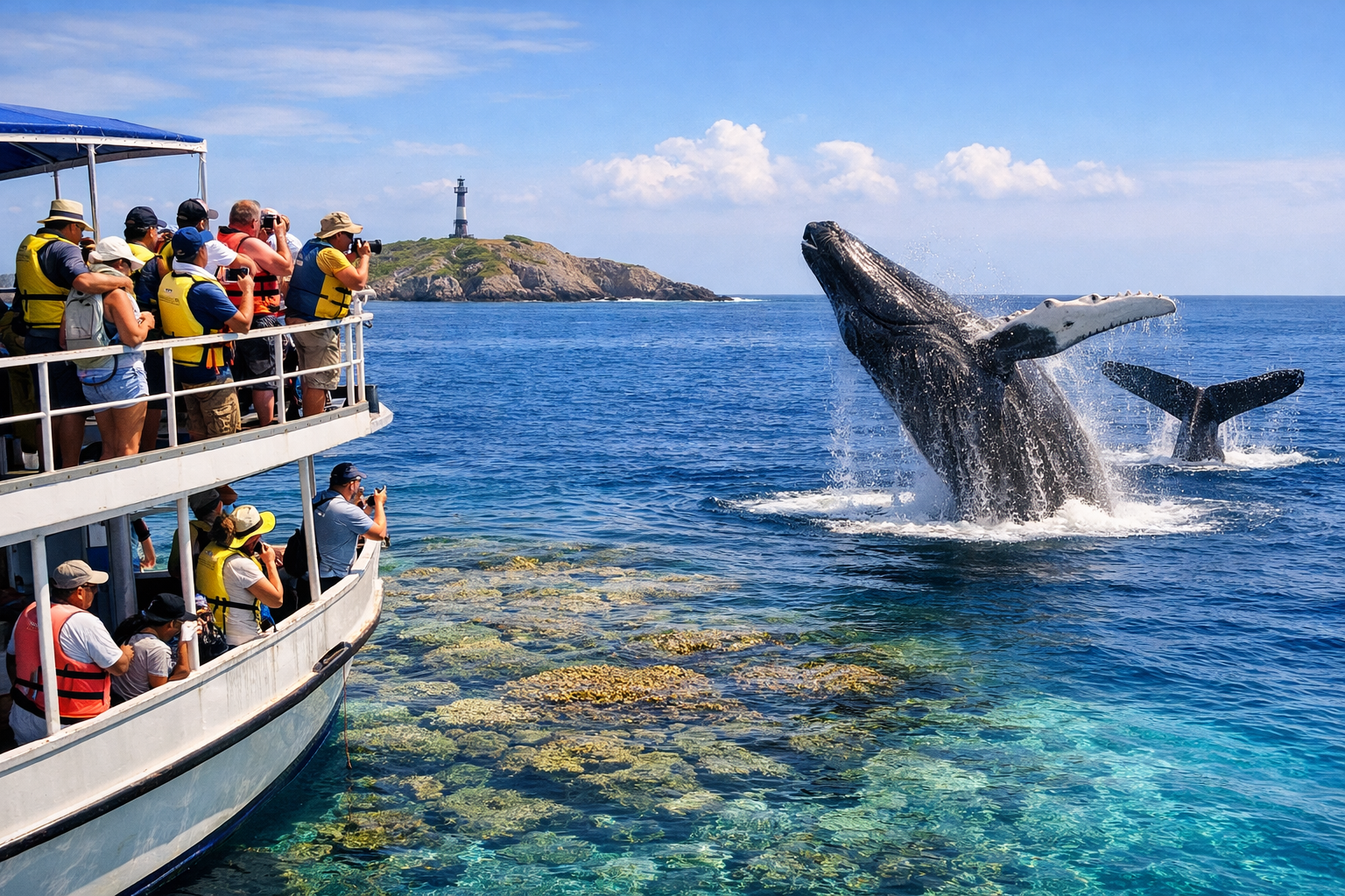Barco com turistas observando baleias jubarte próximo a recifes de Abrolhos, Bahia
