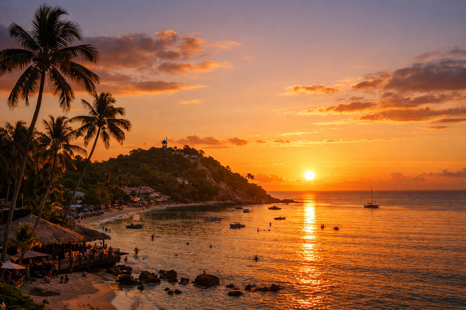 Vista do pôr do sol dourado refletindo no mar e coqueiros em Morro de São Paulo