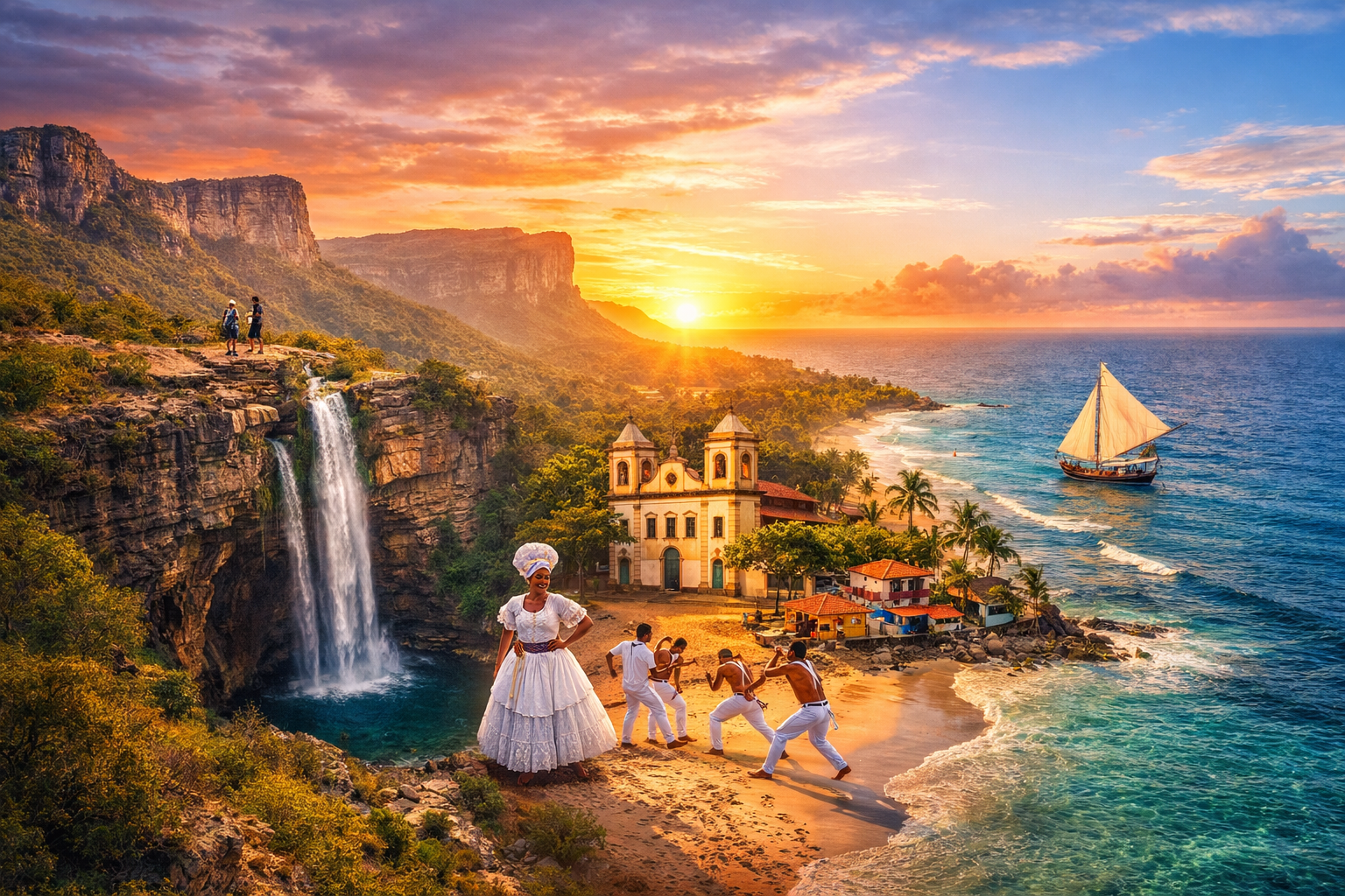 Vista aérea da Chapada Diamantina com cachoeira e litoral da Bahia ao fundo ao pôr do sol
