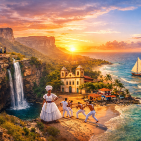 Praia da Bahia ao pôr do sol com falésias, coqueiros e mar cristalino no verão